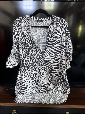 Alfani Black & White Mixed Animal Print V-Neck Blouse